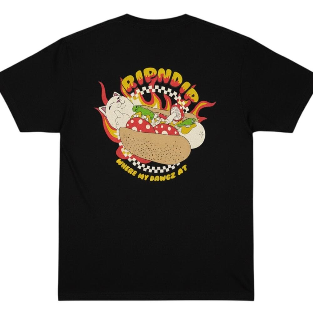 Rip N Dip Nermal Where My Dawgz At Flaming Hot Dog Black T Shirt Men's Small